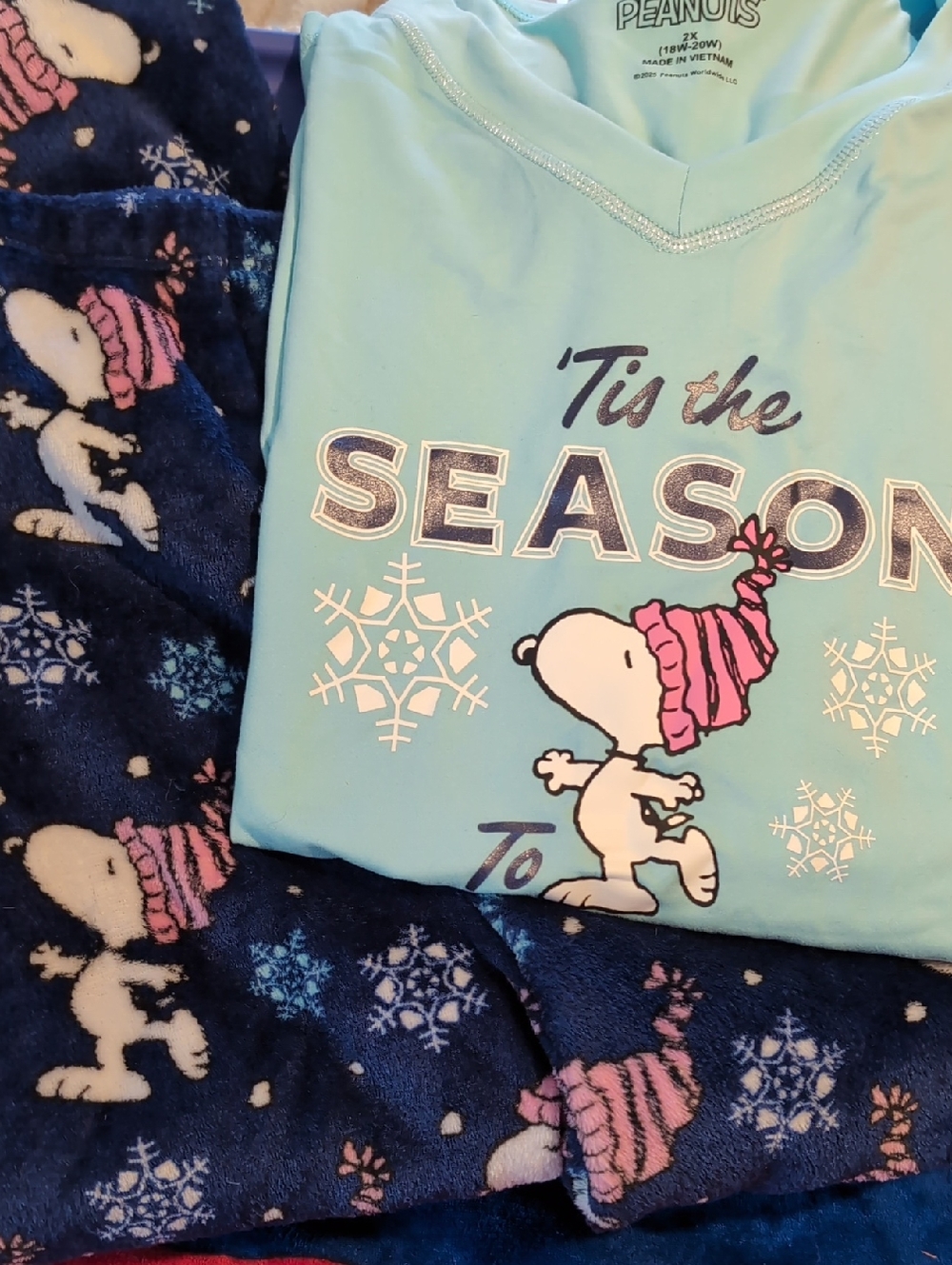 Peanuts Women's Pajama Set - Light Blue Top & Navy Pants with Pink Accents